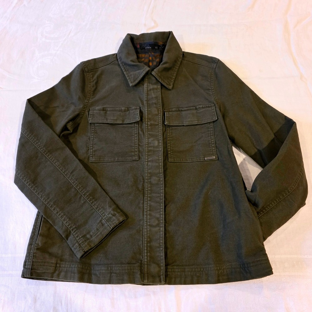 Prana Women XS Olive Green Organic Cotton Utility Field Jacket Snap Front Pleat